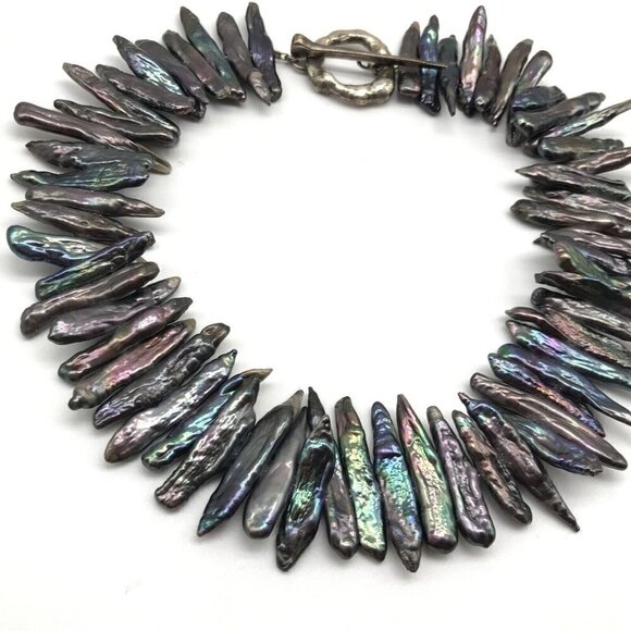 Vintage 925 Sterling Silver Chunky Abalone Unique Abstract Toggle Necklace - Picture 2 of 11